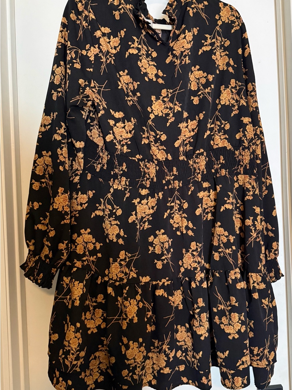 Amazon Black Long-Sleeve Floral Tiered Dress with Mustard Print